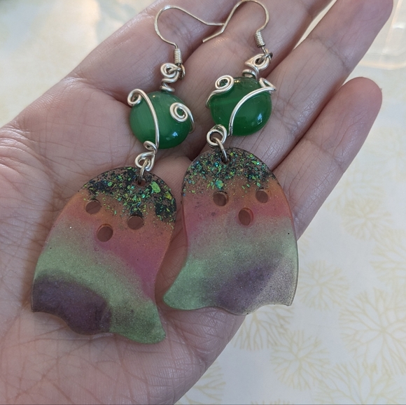 Hand Crafted Jewelry - Updated Ghost Earrings Resin Cat's Eye Silver Wire Wrapped Handmade